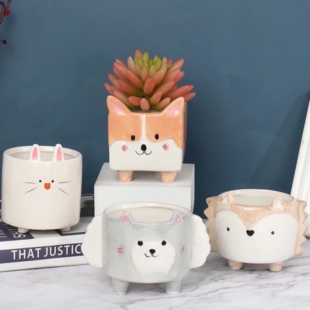 Succulent pot plant rabbit shiba ceramic garden home decor cute animal cartoon - Picture 2 of 9